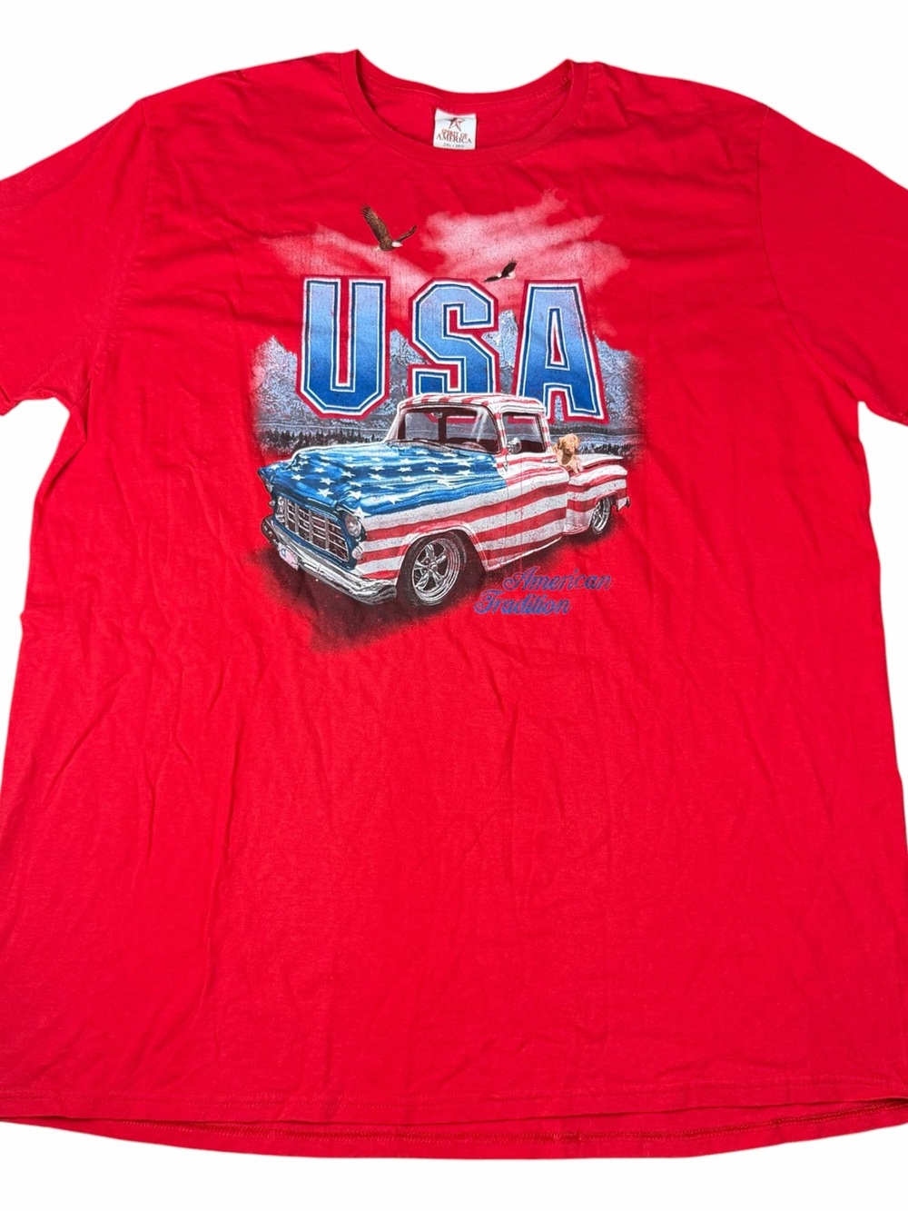 Y2K USA Truck American Tradition Spirit Of America Graphic T-Shirt Red Size 2XL